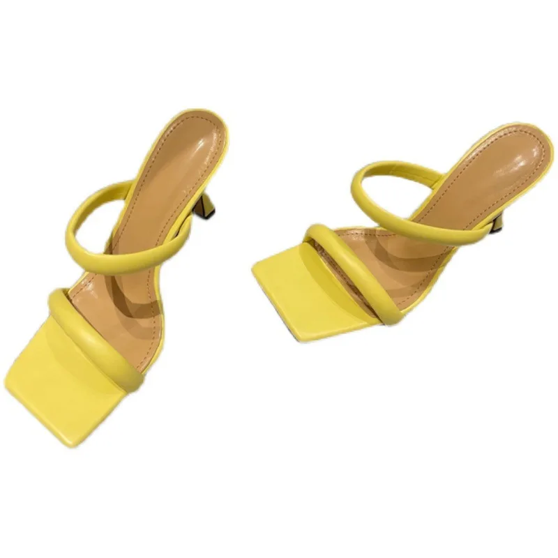 

Big Size Shoes Woman 2021 Square Toe Slippers Heels Pantofle Low High Thin New Fabric Rome Slides Basic Rubber PU Hoof Shoes Sli