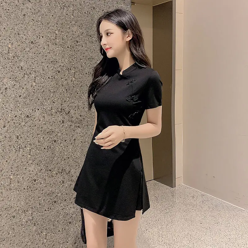 

2020 new dress slim celebrity little black dress women's summer cheongsam improved two piece set of trendy flowers