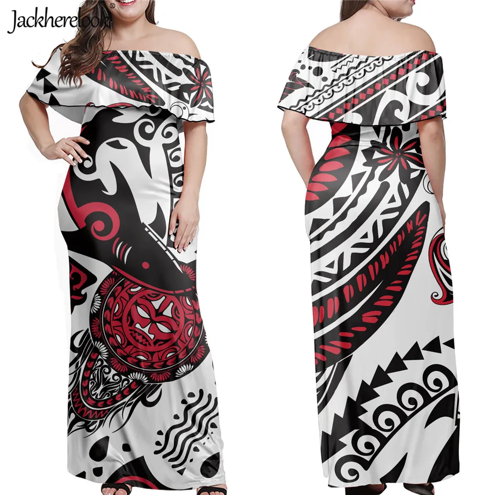 

Jackherelook Off Shoulder Maxi Dress for Women's Polynesian Tribal Hawaii Floral Print Layered Ruffle Party Elegant Long Dresses