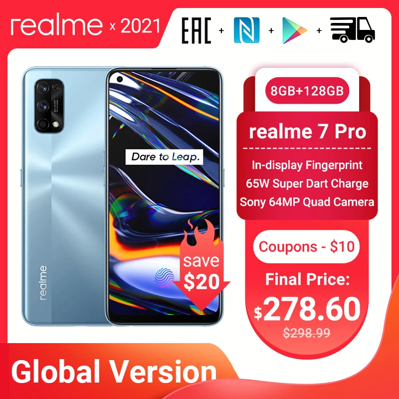 

realme 7 Pro Global Version 8GB 128GB 65W SuperDart Charge 64MP Quad Camera AMOLED Fullscreen In-display Fingerprint Smartphone