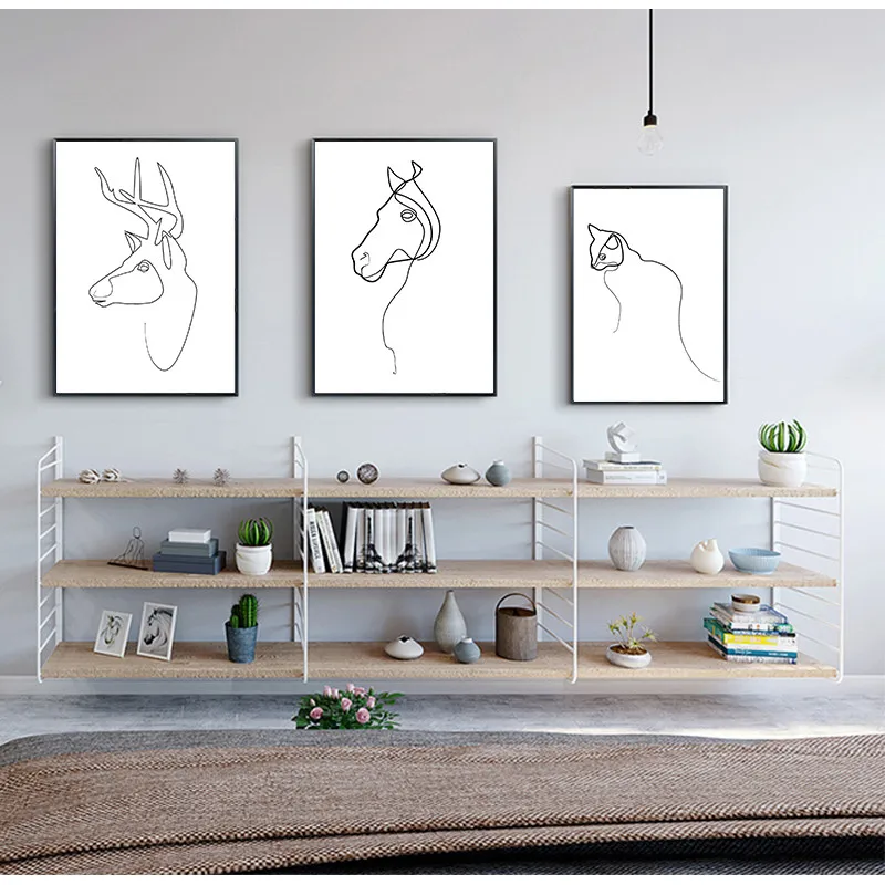 Абстрактная лошадь олень кошка животные линии рисунок Северный плакат печать