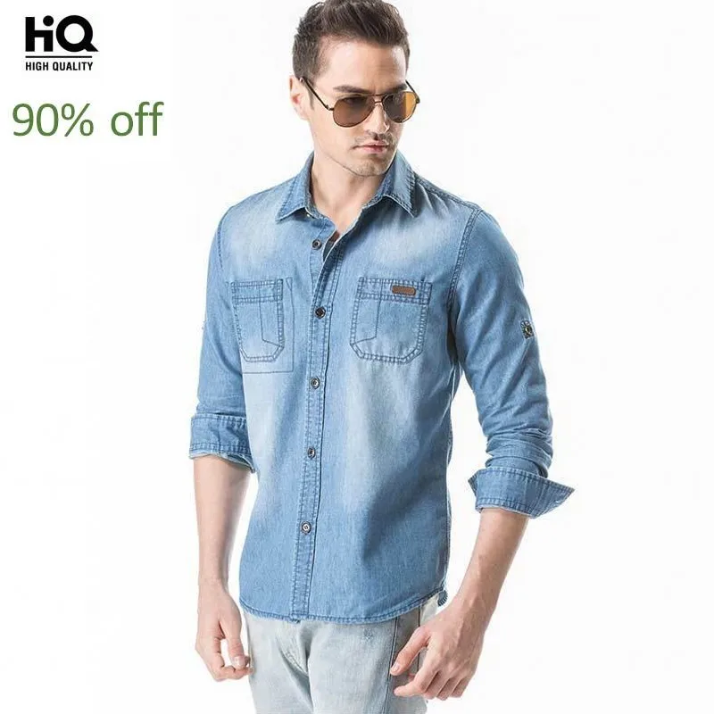 

Long Spring Autumn Sleeve Denim Shirt Men Casual Loose Solid Color Turn-down Collar Cotton Shirt Plus Size 3XL Camisa Hombre