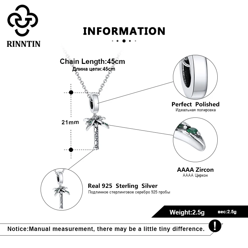 

Rinntin Genuine 925 Sterling Silver Charm Necklaces Refreshing Coconut Palm Shape AAAA Zirconia Pendant For Girls TCB21