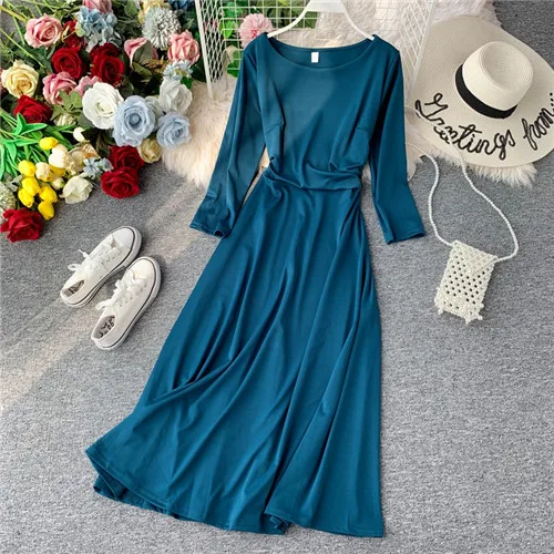 Винтажное тонкое осеннее длинное платье миди весенние вечерние платья vestido de festa Женские повседневные 3/4 рукава А-силуэта элегантные ретро платья - Цвет: mo green