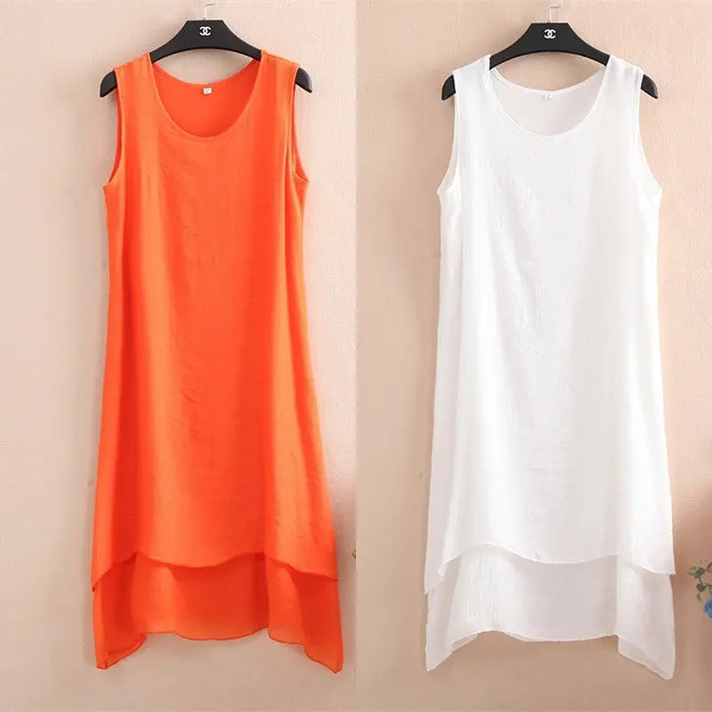 

Women 2021 Summer New Fashion Solid Color Loose Vest Dress Female Casual A-line Dresses Ladies O-neck Sleeveless Vestidos L04