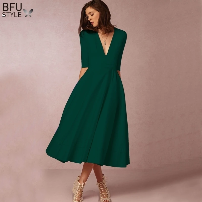 Blauw винтажное V hals knielange Jurk 2019 Zomer Mode Half Mouw Elegante A lijn Vestidos Avond вечерние платья миди