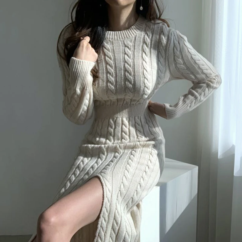

Платье-Свитер с разрезом, зимняя одежда, женские вязаные платья-джемперы, женское осеннее Теплое повседневное однотонное плотное корейское платье, новинка 2022