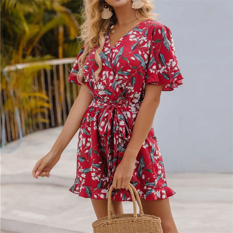 

Женские пляжные комбинезоны в стиле бохо, шифоновые Комбинезоны с кулиской, коротким рукавом, V-образным вырезом, сексуальные красные комби...