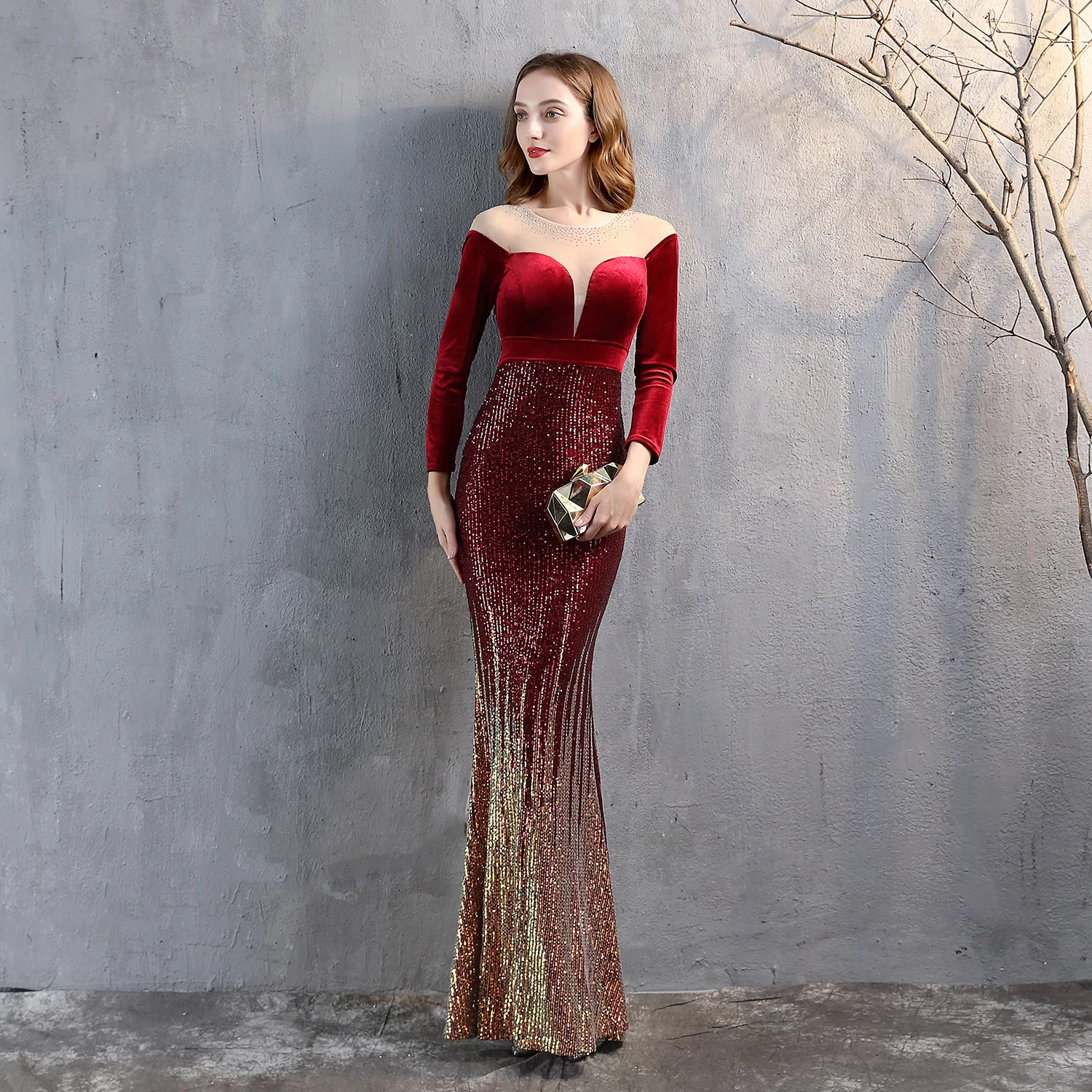 

Gorgeous autumn winter velvet Long sleeved mermaid full length bling evening dresses lady high-end slim wine red cocktail gowns