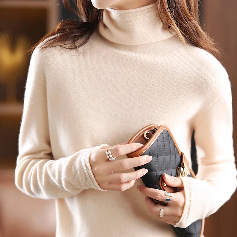 

First-line Ready-To-Wear High-Neck Pure Wool Sweater Women's Solid Color Seamless Knitted Pullover Bottoming Shirt Light And Fit