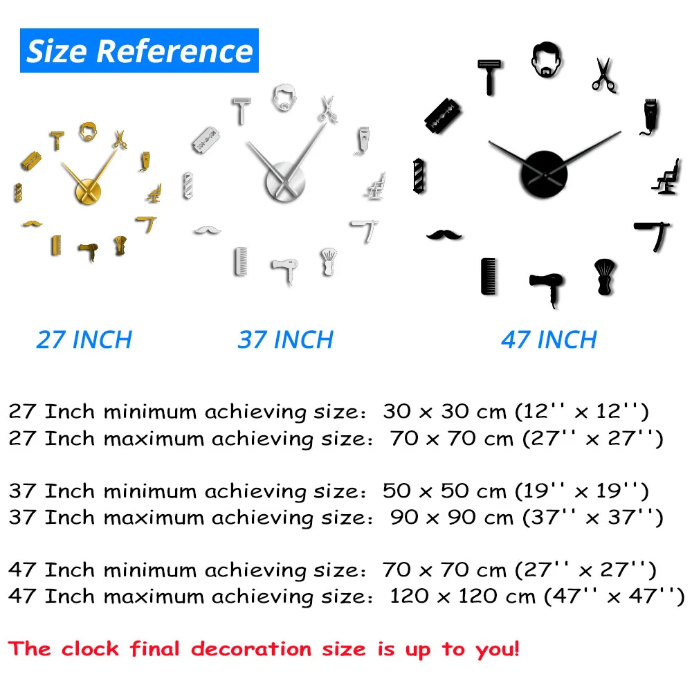 Framless Male Barber Shop Acrylic Simple 3D DIY Wall Clocks Hair Stylist Hair Salon Decor Quiet Sweep Mirror Effect Clock Watch