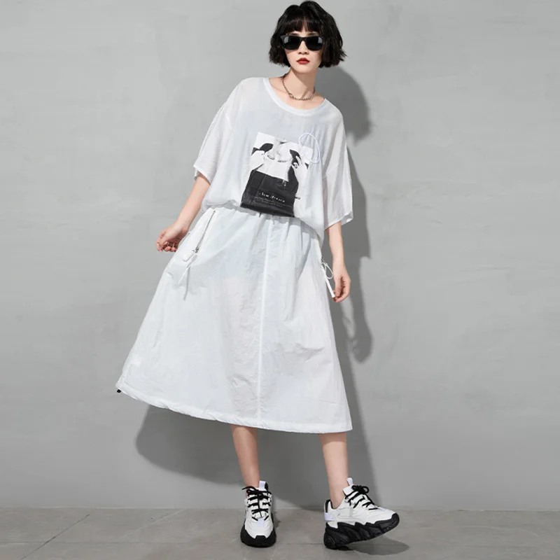 

[EAM] High Elastic Waist White Casual Pleated Long Temperament Half-body Skirt Women Fashion Tide New Spring Summer 2021 1DD9703