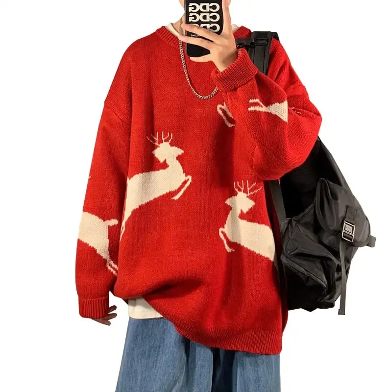 Мужской свитер с круглым вырезом Красный свободный в Корейском стиле Осень-зима