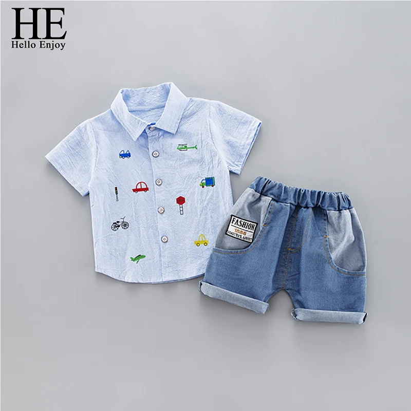 L9589 blue Hello Enjoy/детская одежда Комплекты для активных мальчиков летние рубашки с короткими рукавами и цветочным принтом+ шорты, костюмы, штаны Одежда из 2 предметов для детей, спорт костюм мальчик - Цвет: L9589 blue