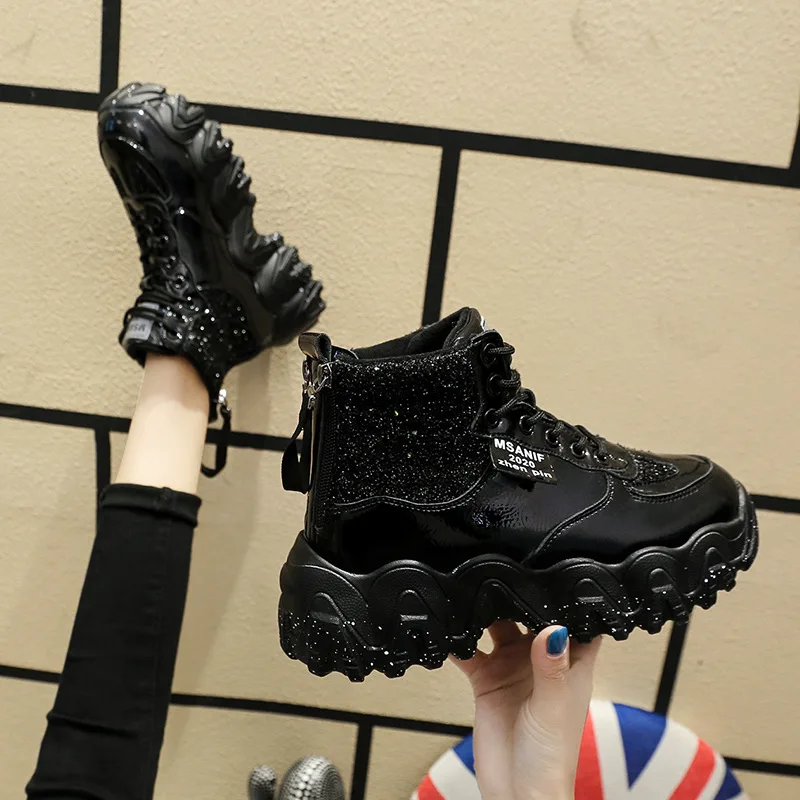 

Hjwsfdcai Winter Women Double Zipper Plush Fur Sneakers Sequins Decor Platform Ladies Casual Boots Female Fashion Lace-Up Shoes