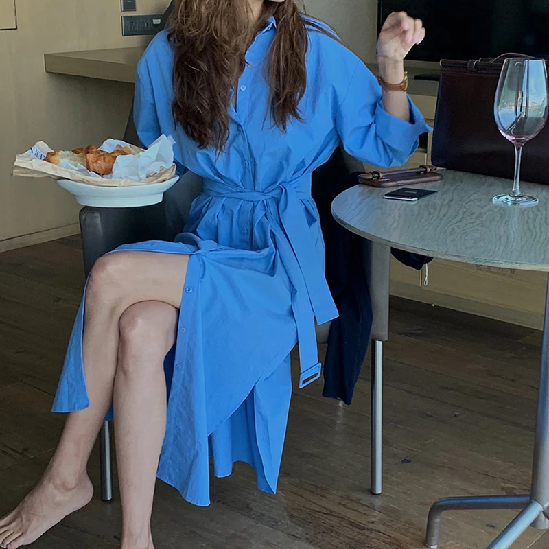 

Korean Chic Autumn Simple Blue Lapel Single-breasted Loose Belt Long Sleeve Shirt Dress Women Turn-down Collar Dresses