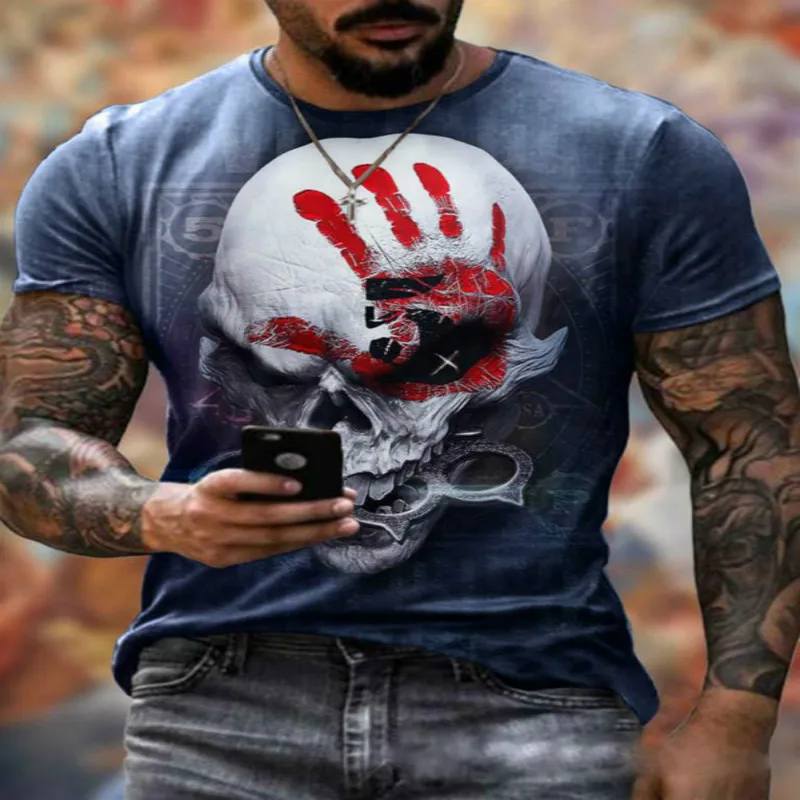 

2021 Summer Men's Fashion Street Personality Skull Head 3D Printing Clothes, Plus Size Comfortable Round Neck Short Sleeve T-Shi