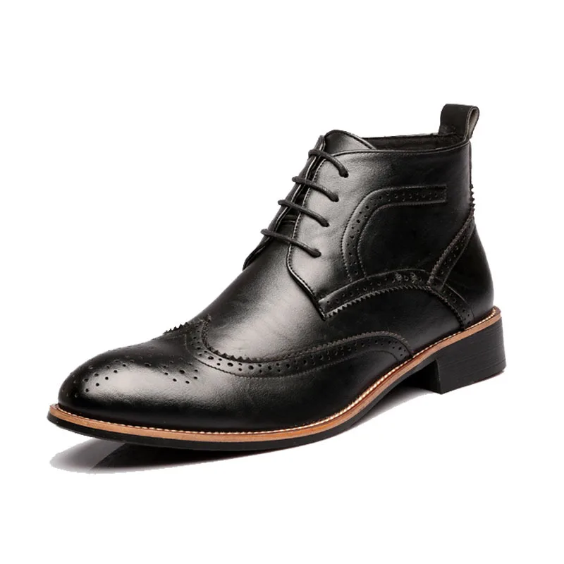 

men casual big size ankle boots pointed toe brogue cow leather shoes carved bullock boot spring autumn cowboy botas masculina