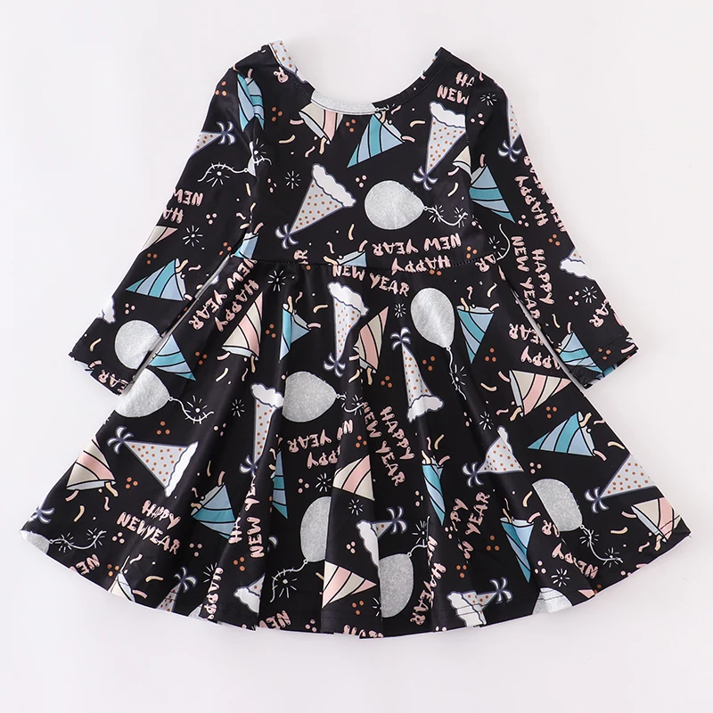 

Girlymax Happy New Year Baby Girls Chlidren Kids Clothing Milk Silk Print Ruffles Twirl Dress Knee Length Long Sleeve