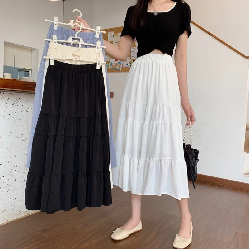 

Women's Chic Elegant Chiffon Long Skirts Korean High-waisted Patchwork A-Line Kawaii Pleated Skirt Summer 2021 Female Clothes