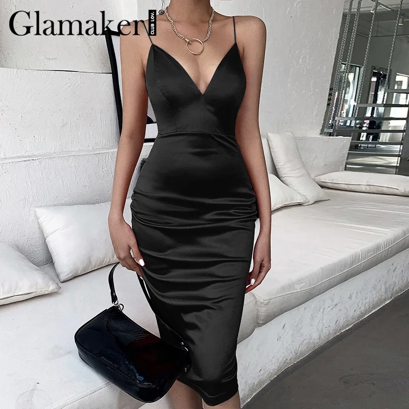 Женское атласное платье миди Glamaker Красное Облегающее Платье с v образным вырезом