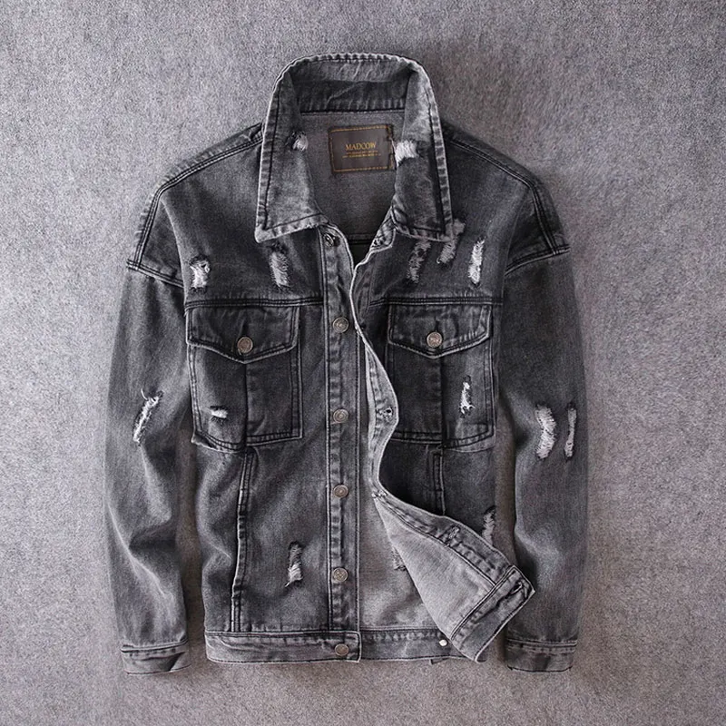 Куртка мужская рваная из денима хлопок уличная одежда стиль хип хоп черная серая|