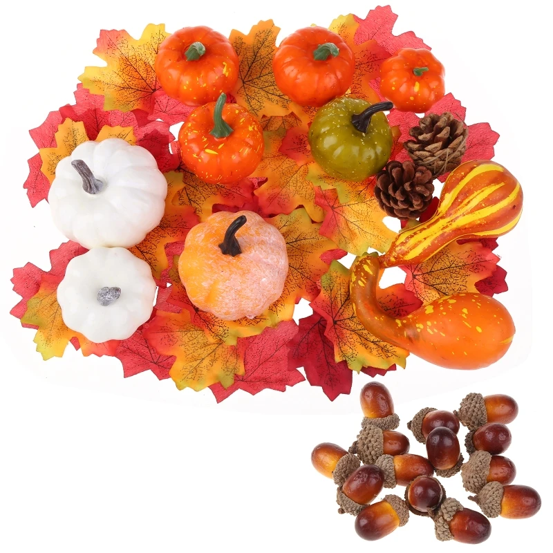 

86 Pcs Halloween Simulation Acorn Artificial Pumpkins Pine Cones Maple Leaves B0KB