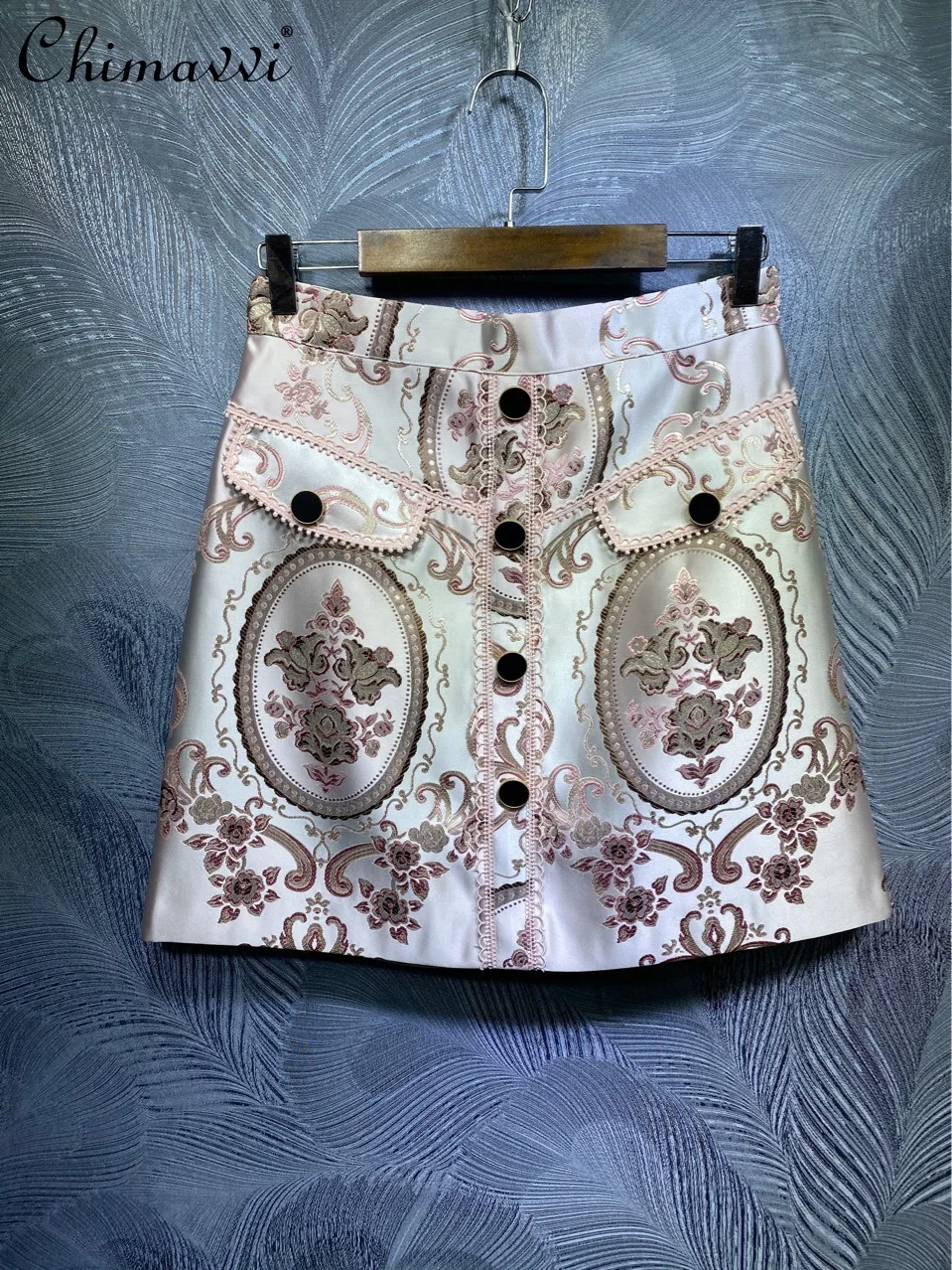 

Vintage Elegant Fashion Women Jacquard Fabric Waist-slimming Skirt High Waist Slimmin Short Pink A-line Skirt