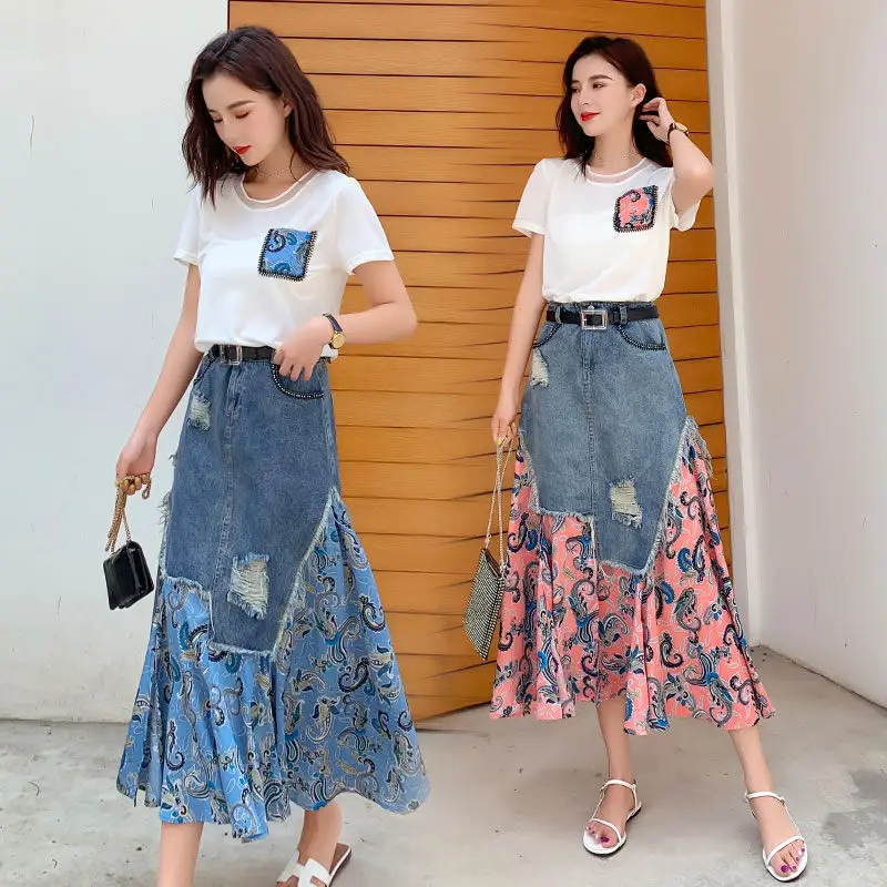 

Summer Suit Female 2020 New Beaded Top + Denim Stitching Printed Two-piece Skirt Set Women Fashion Long Jeans Femme Jupe k430