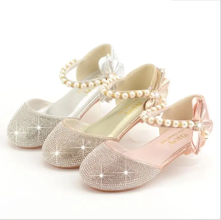 

Модные детские кожаные туфли принцессы для девочек, Классическая обувь, блестящие детские туфли на высоком каблуке для девочек с бантом-бабочкой, золотые, розовые, серебряные