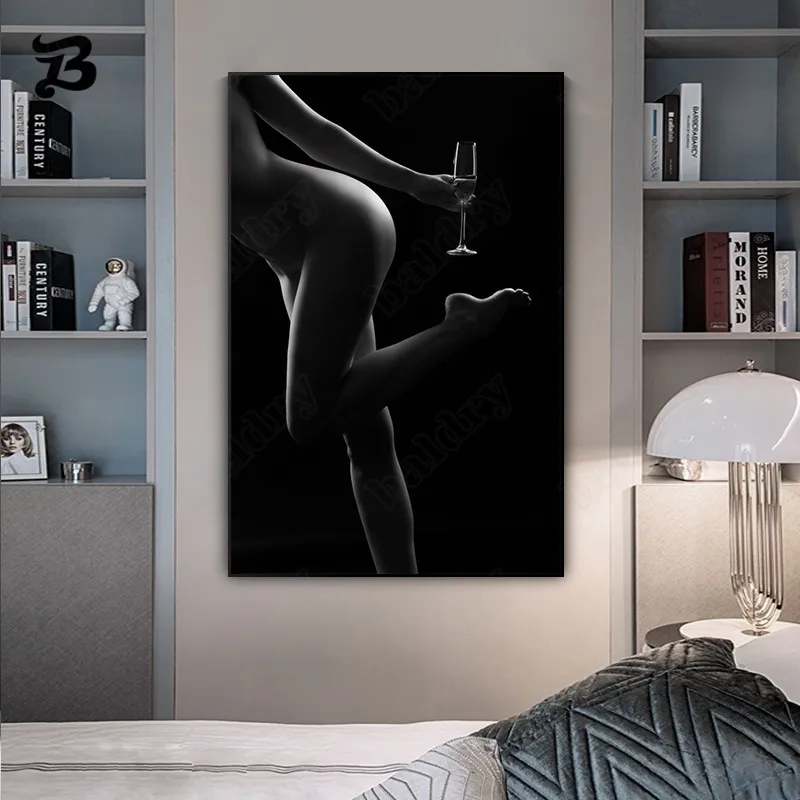 

Canvas Painting Wall Art for Living Room Black Sexy Nude Women Beautiful Legs Red Wine Glass Figure Posters Prints Modern Decor