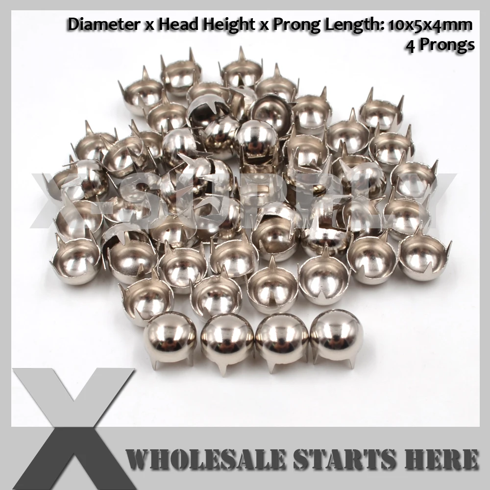 10mm Metal Round Dome Nailhead Prong Stud Rivet with 4 Prongs,Silver Nickel Color,Used For Leather Craft,Shoe,Hat,Dog Collars
