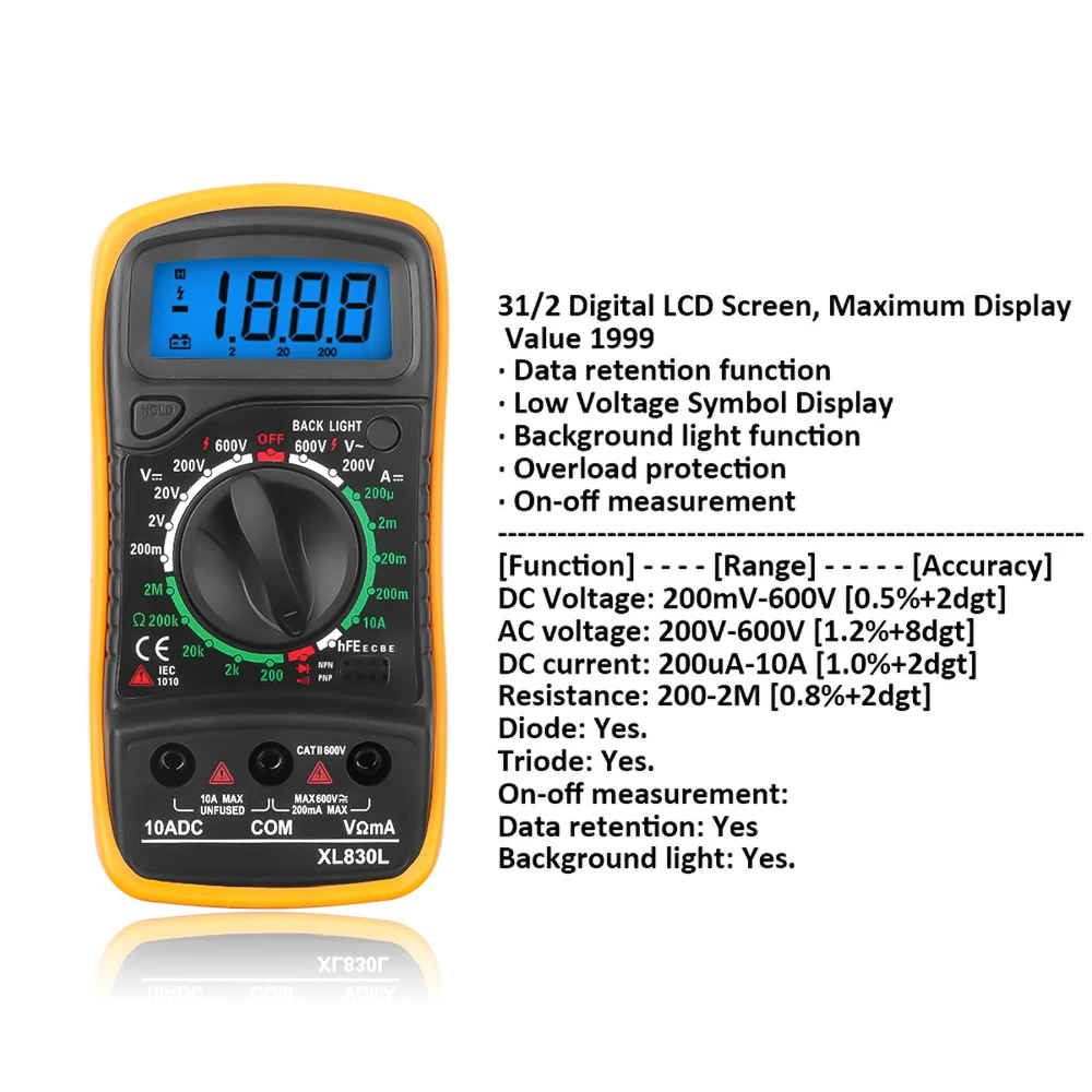 Ручной XL830L мультиметр AC/DC тестер напряжения цифровой ЖК-дисплей подсветка Ток Ом