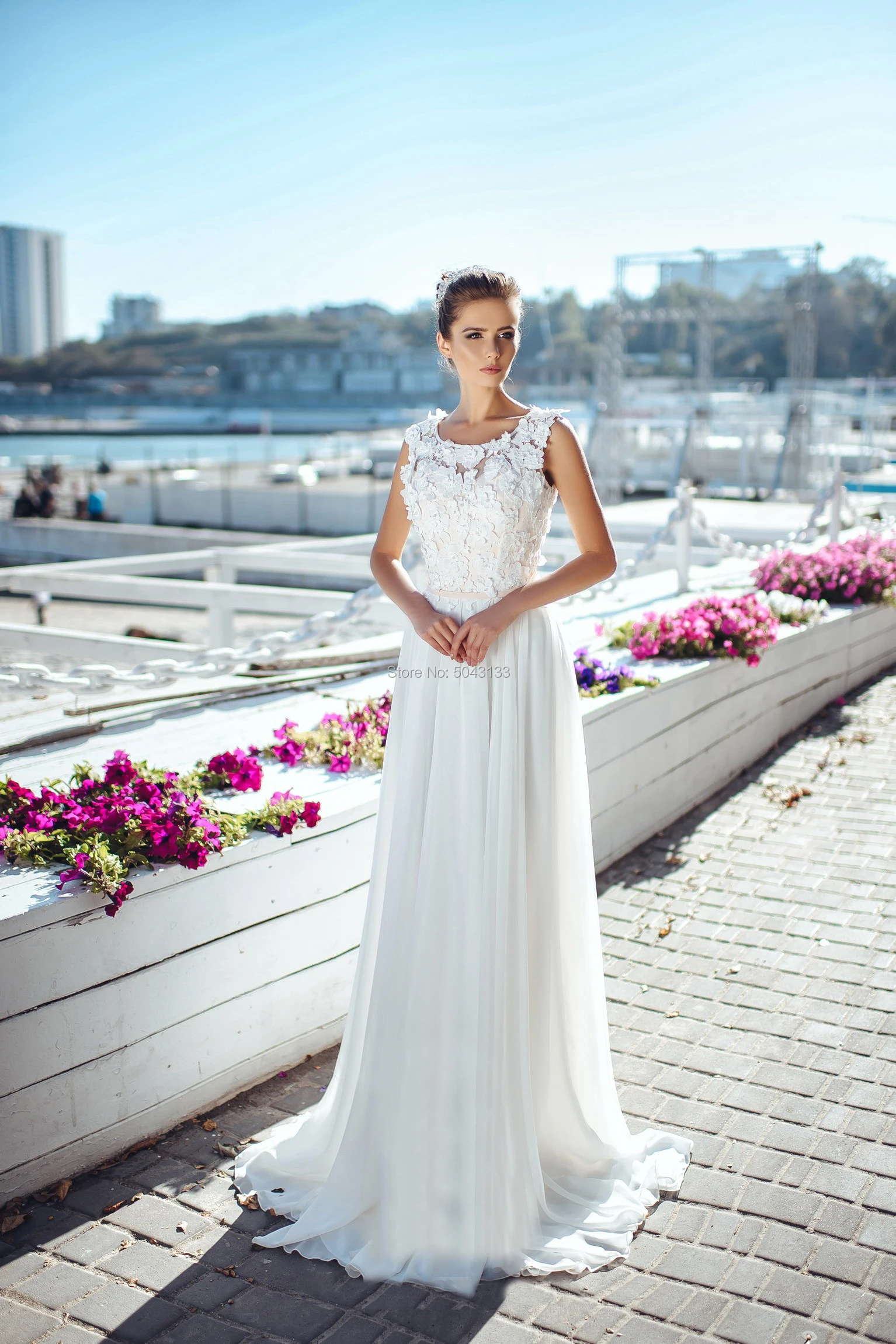 Платье Свадебное шифоновое в стиле бохо с коротким рукавом и цветочной