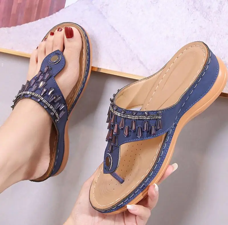 

Женские шлепанцы, Сланцы на танкетке, с швейным носком, на платформе, для отдыха на открытом воздухе