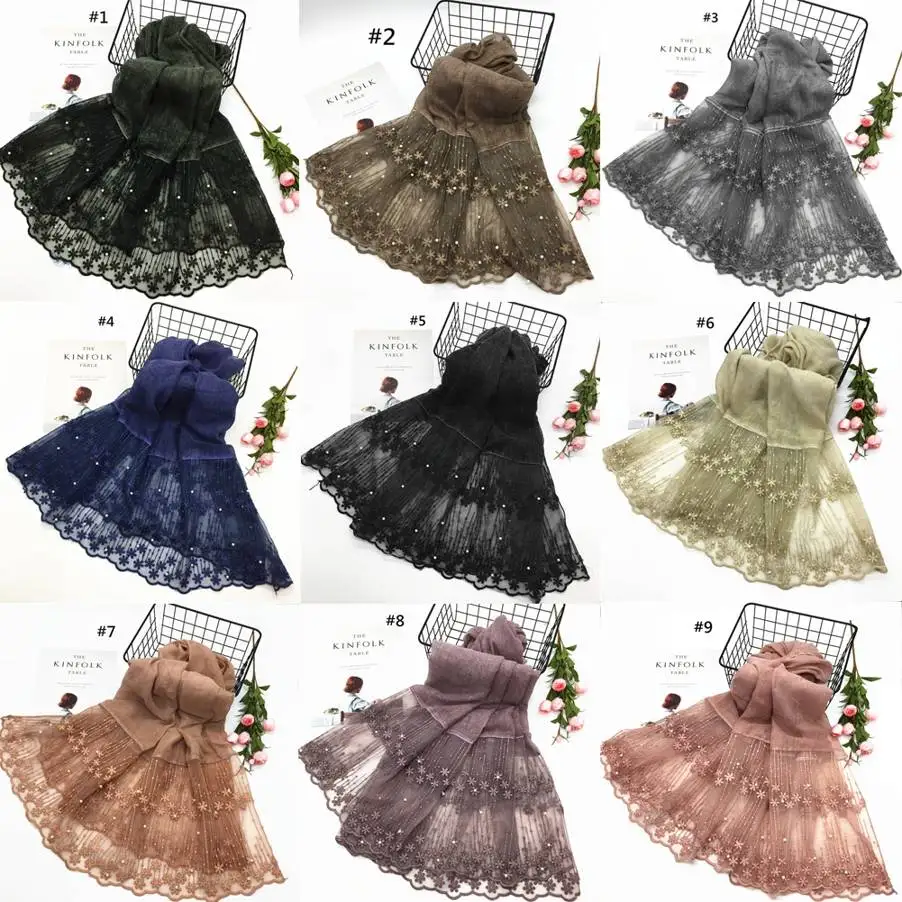 

Floral Lace Cotton Hijab Shawl Scarf Women Solid Color Pearl Long Shawls and Wraps Muslim Hijabs Scarves Ladies Party Wedding