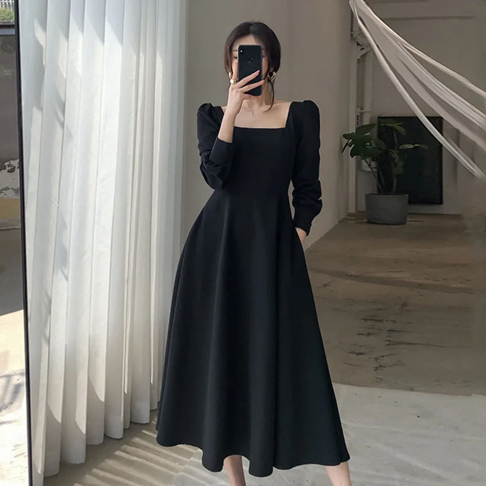 

Women's New Autumn Dress Simple Fashion Small Fresh Commuter Style Square Neck Draped Solid Color Slim Puff Sleeve Dresses