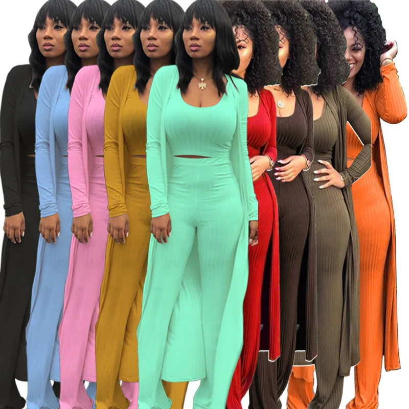 

FNOCE 2020 winter new women's sets fashion casual sexy solid stretch knit tight short vest and X-Long coat ang trousers 3-pc set