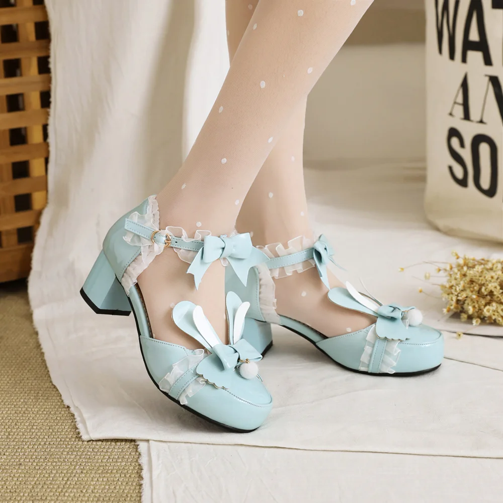 Fashion Rabbit Ear Women High Heels Bow Round Toe Pumps Leather Summer Lolita Sweet Shoes Open Side with Plush Ball Lace Edge