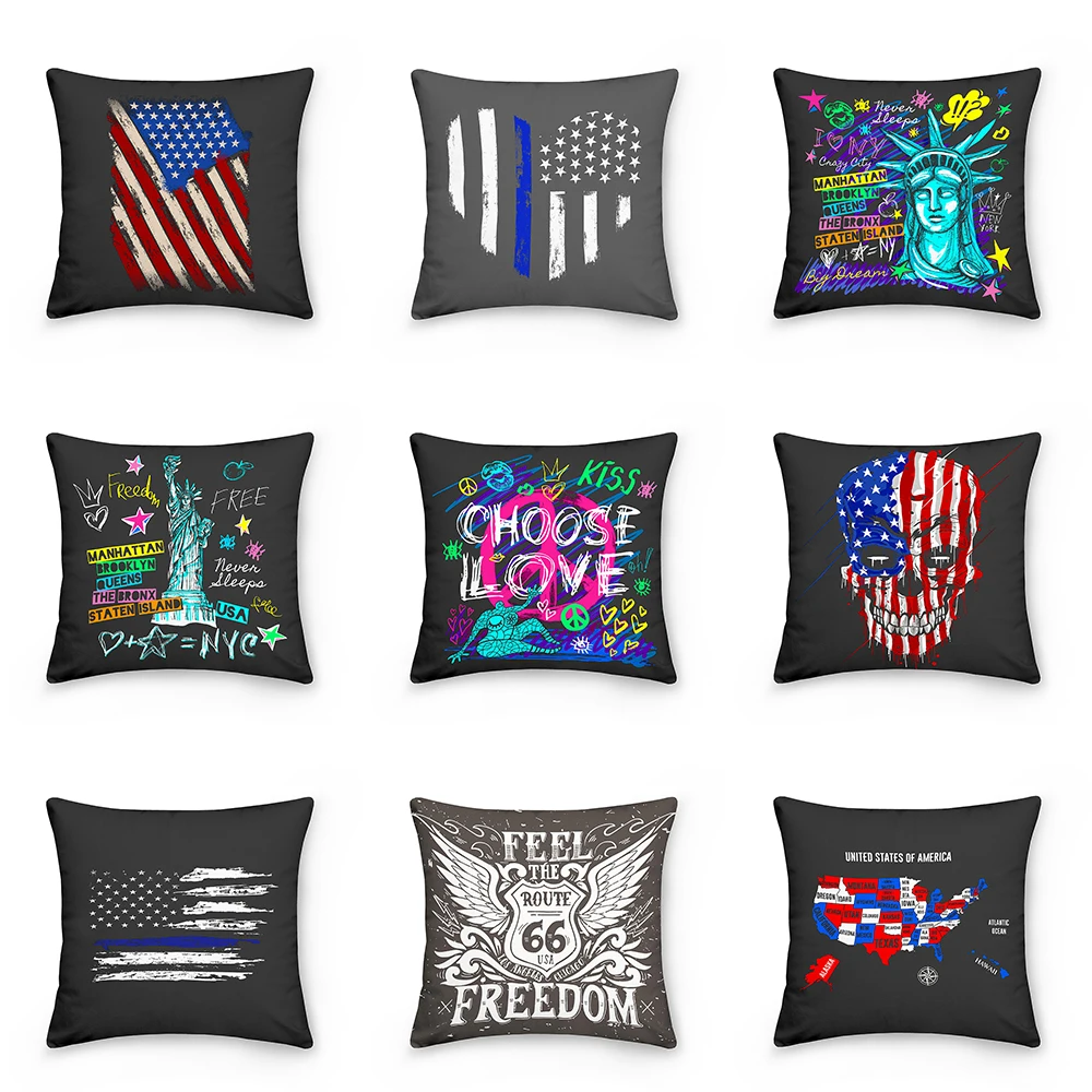 

America Flag Map Statue of Liberty Decorative Pillowcase Polyester Cushion Cover Throw Pillow Sofa Decoration Pillowcover