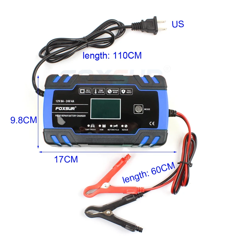 FOXSUR автомобиля Мотоциклетные батареи Зарядное устройство 12V 8A 24V 4A смарт-устройство для быстрой зарядки для AGM гель мокрый EFB свинцово-кислотный Батарея Зарядное устройство