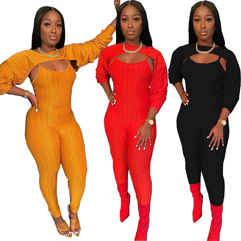 

HAOYUAN Sexy Plus Size Two Piece Matching Sets Long Sleeve Crop Top Spaghetti Strap Bodycon Jumpsuit Women Fashion Club Outfits