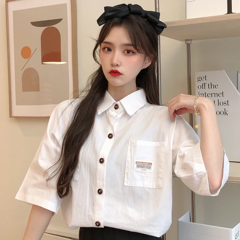 

Chiffon Loose Women's Shirt New Fashion Blouses Casual Short Sleeve Blusas Solid Color Polo Collar Shirts Summer Houthion