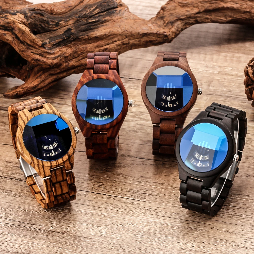 

Fashion Modern Design Tech Quartz Wood Watch Full Ebony Blue Faceted Creative Literal Watch Gift For Man Boyfriend