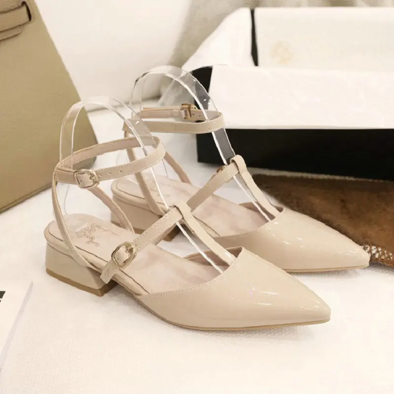 

2020 summer patent PU leather woman casual shoes pointed toe T-strap red beige women sandals chunky low heels plus size 33-48