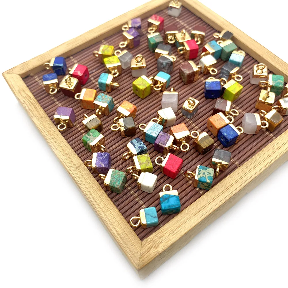 

Natural Stone Pendant Cube Bottom Perforated Multi-color Electroplating Fashion Pendant Jewelry Making Necklace Accessories