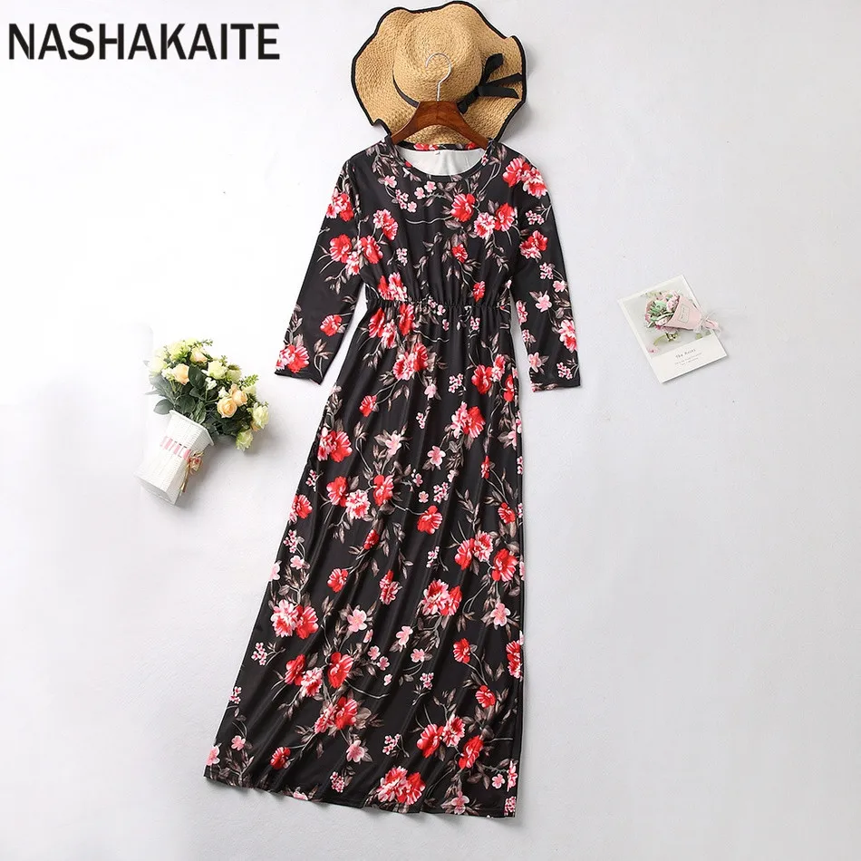 NASHAKAITE/платья для мамы и дочки; сезон осень-зима; длинное платье с цветочным принтом «три четверти» для мамы и дочки; одежда «Мама и я»