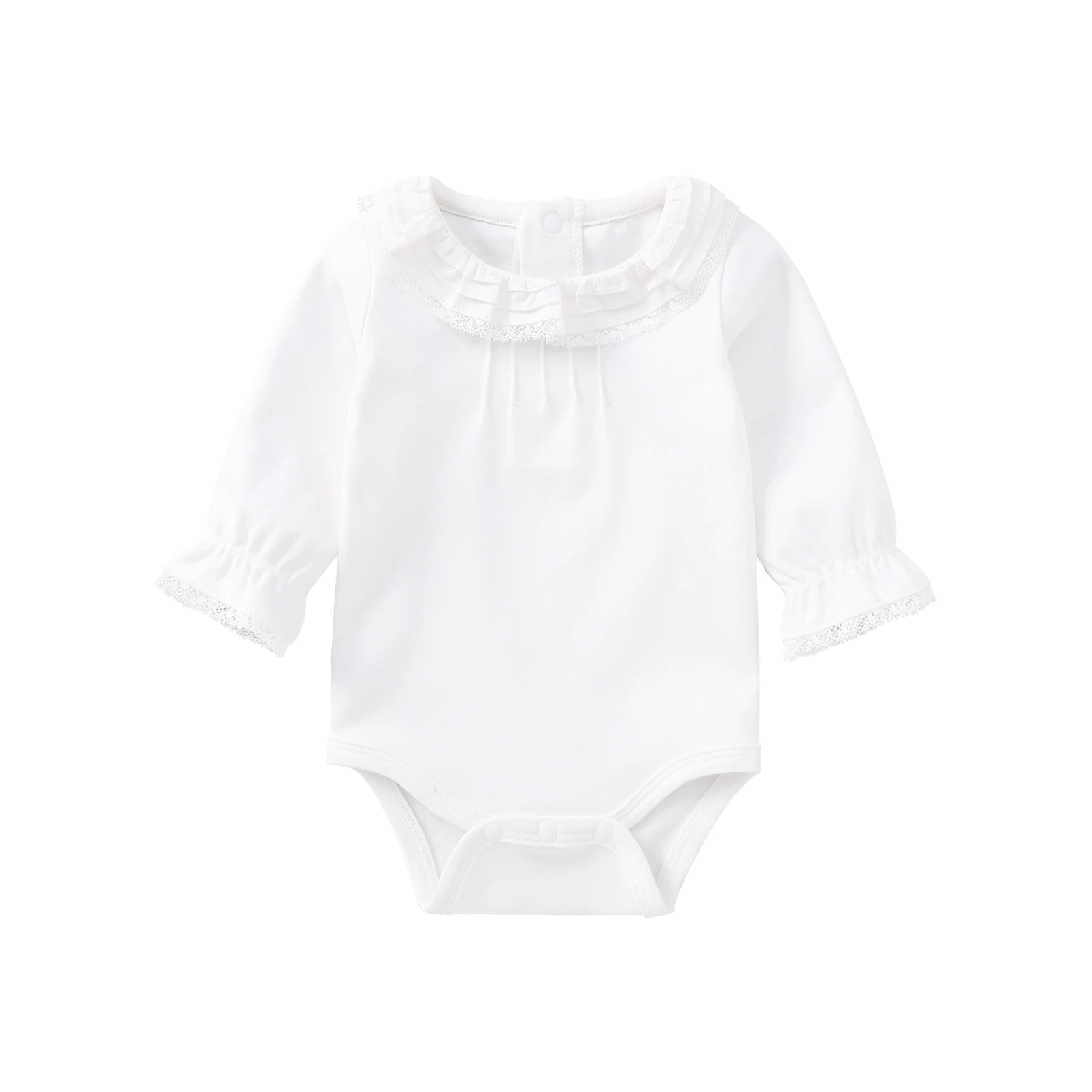 Pureborn Newborn Baby Girl Bodysuit Ruffle Lace Long Sleeve Basic Onesies Solid White Color Spring Autumn Baby Girl Clothes
