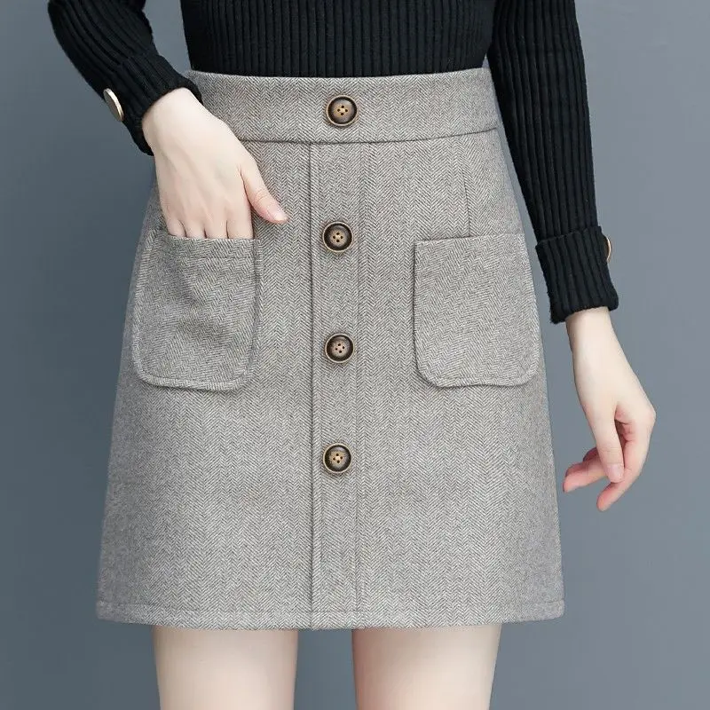 

Женская короткая шерстяная юбка, однобортная короткая трапециевидная юбка с высокой талией и большими карманами, Y386, Осень-зима 2021