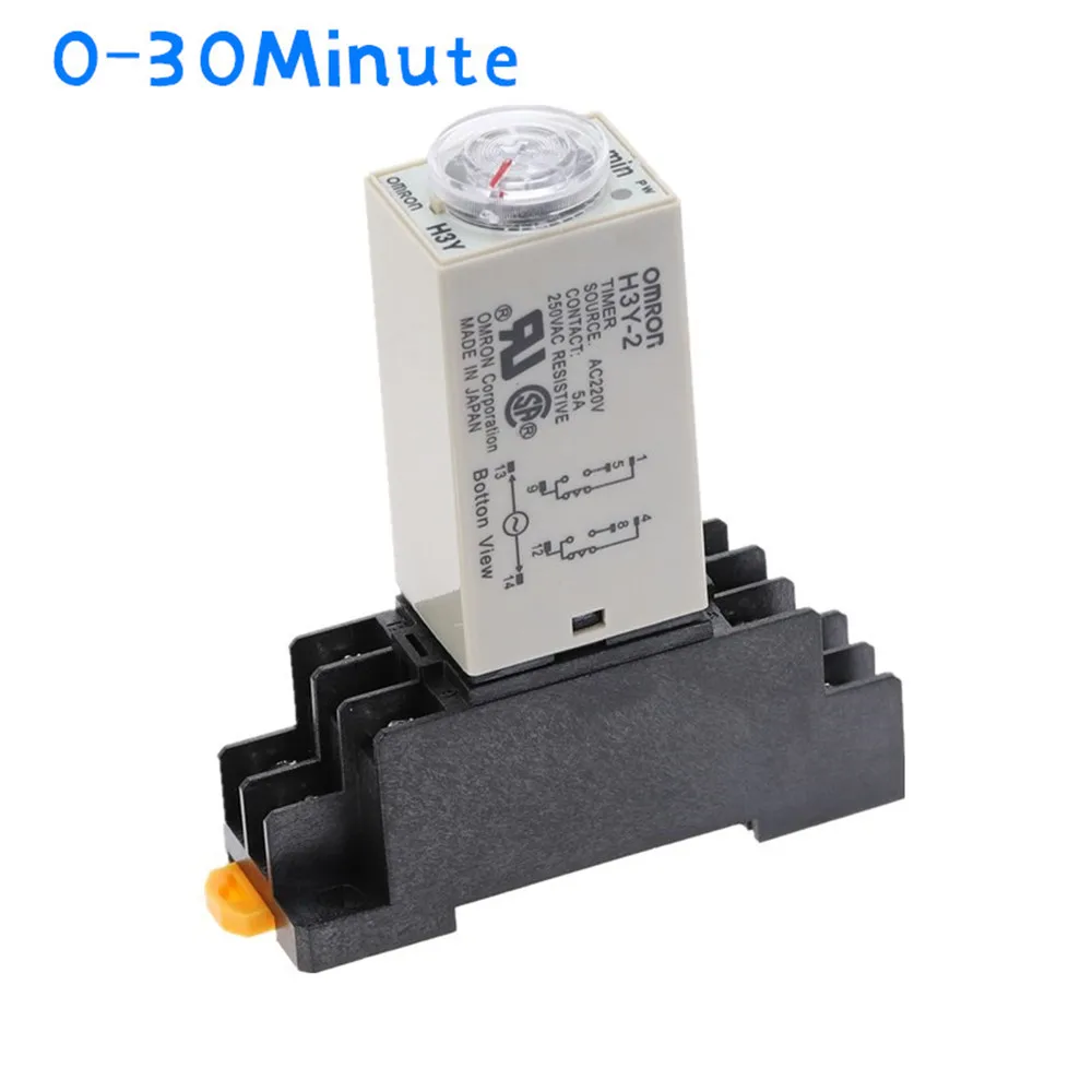 

H3Y-2 Delay Timer Time Relay Switch 0 - 30 Minute Adjustable 5A With Base Socket Rotary Knob DPDT 8PIN DC12V 24V AC 220V